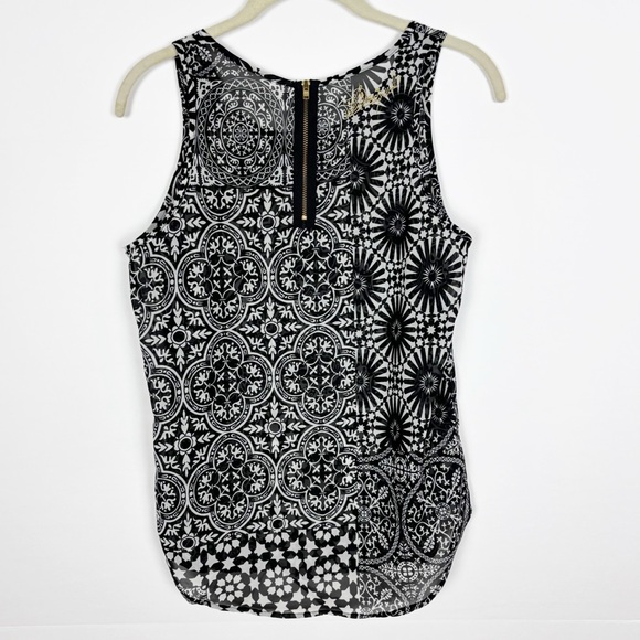 Desigual Top Black White Print Embroidered Beaded Sequin Sheer Sleeveless Small - Picture 2 of 10